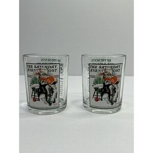 Vintage Norman Rockwell Saturday Evening Post Cramming Set Of 2 Glasses